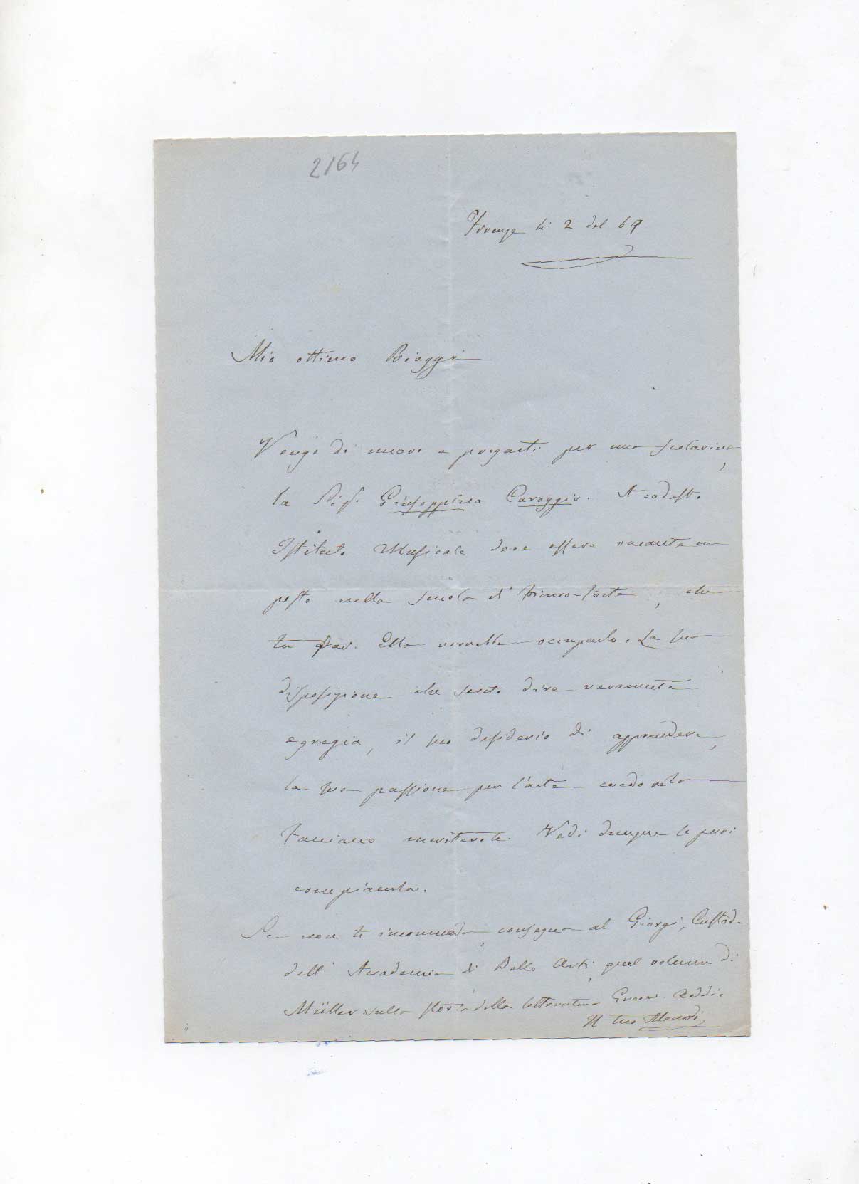lettera autografa firmata al sig.r biaggi. datata 4 febbraio 1869, firenze