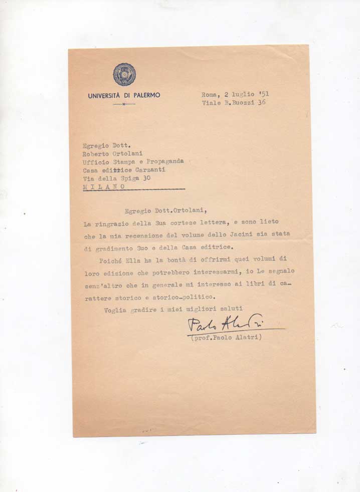lettera dattiloscritta con firma autografa, datata 2 luglio 1951 - roma, inviata a roberto ortolani - garzanti.