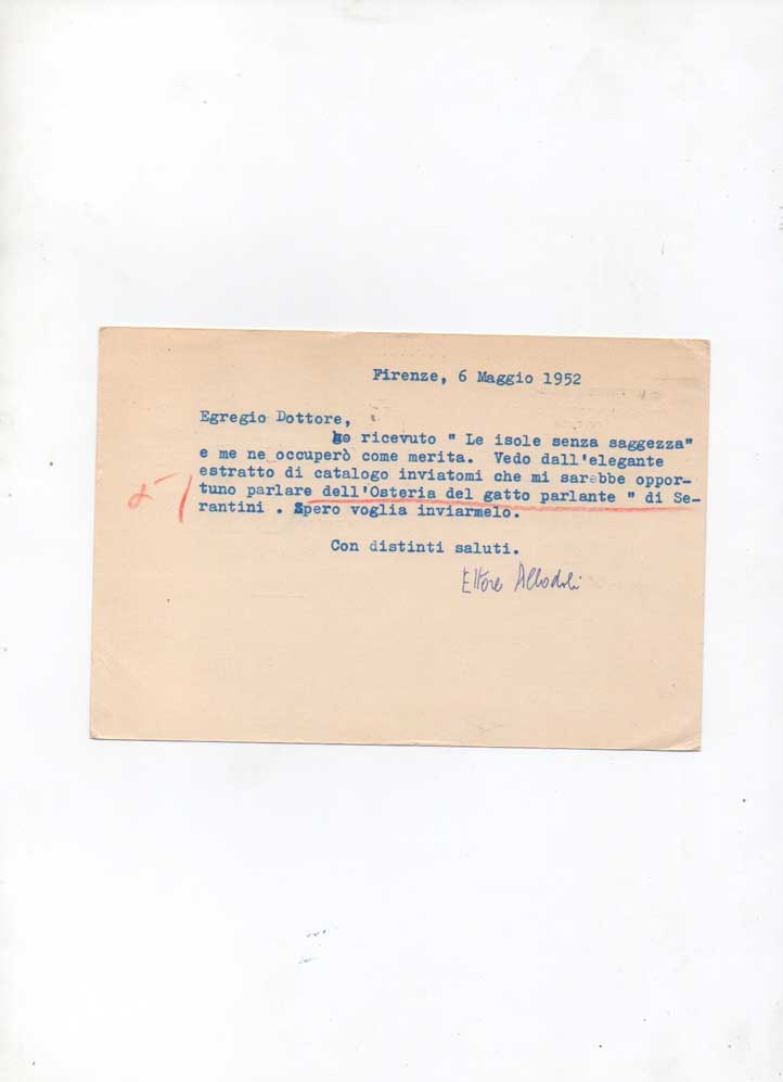 biglietto dattiloscritto viaggiato con firma autografa, datata 6 maggio 1952 - firenze, inviato a roberto ortolani - garzanti.