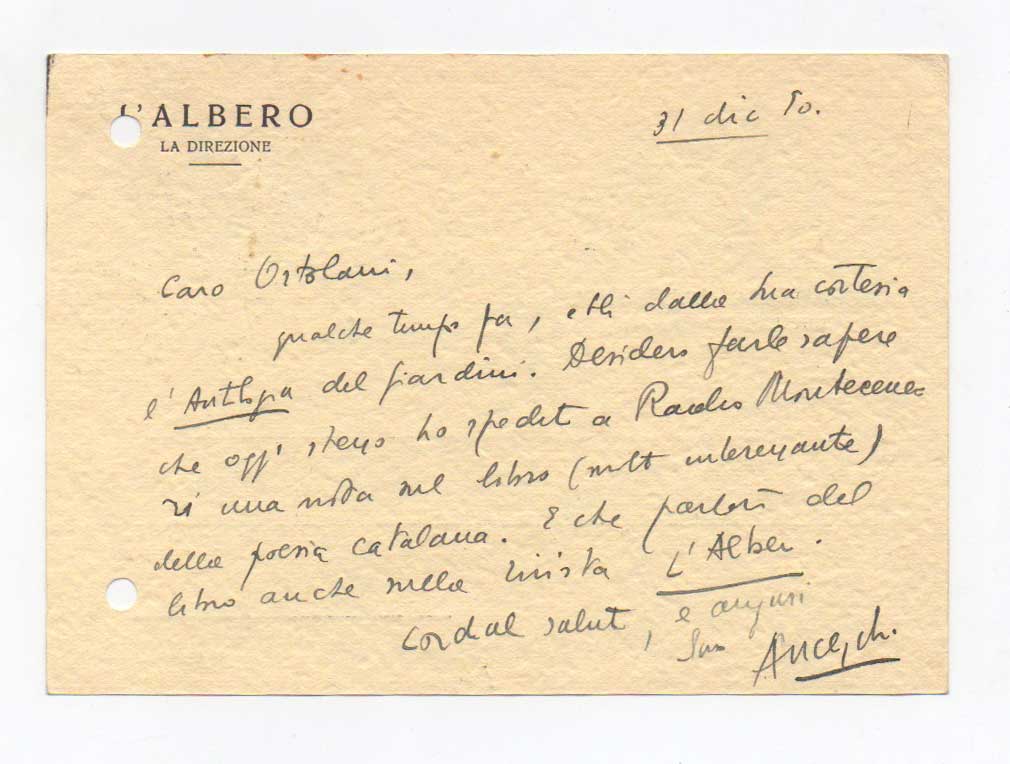 biglietto viaggiato, autografo firmato, datato 31 dicembre 1950 - [lecce], inviato a roberto ortolani - garzanti.