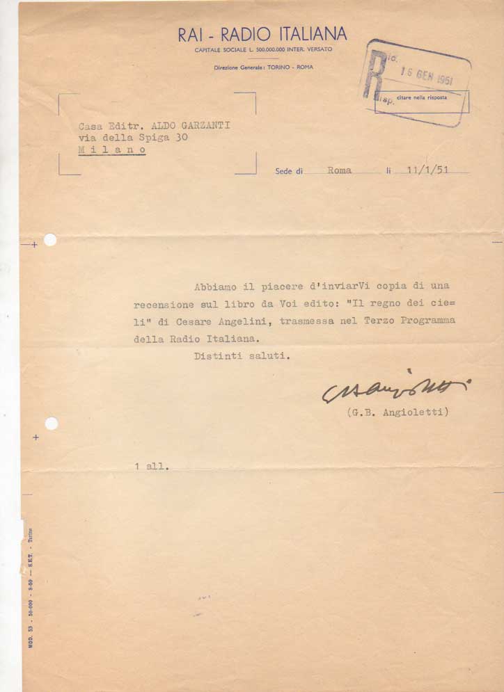 lettera dattiloscritta con firma autografa, datata 11 gennaio 1951 - roma, inviata ad aldo garzanti.