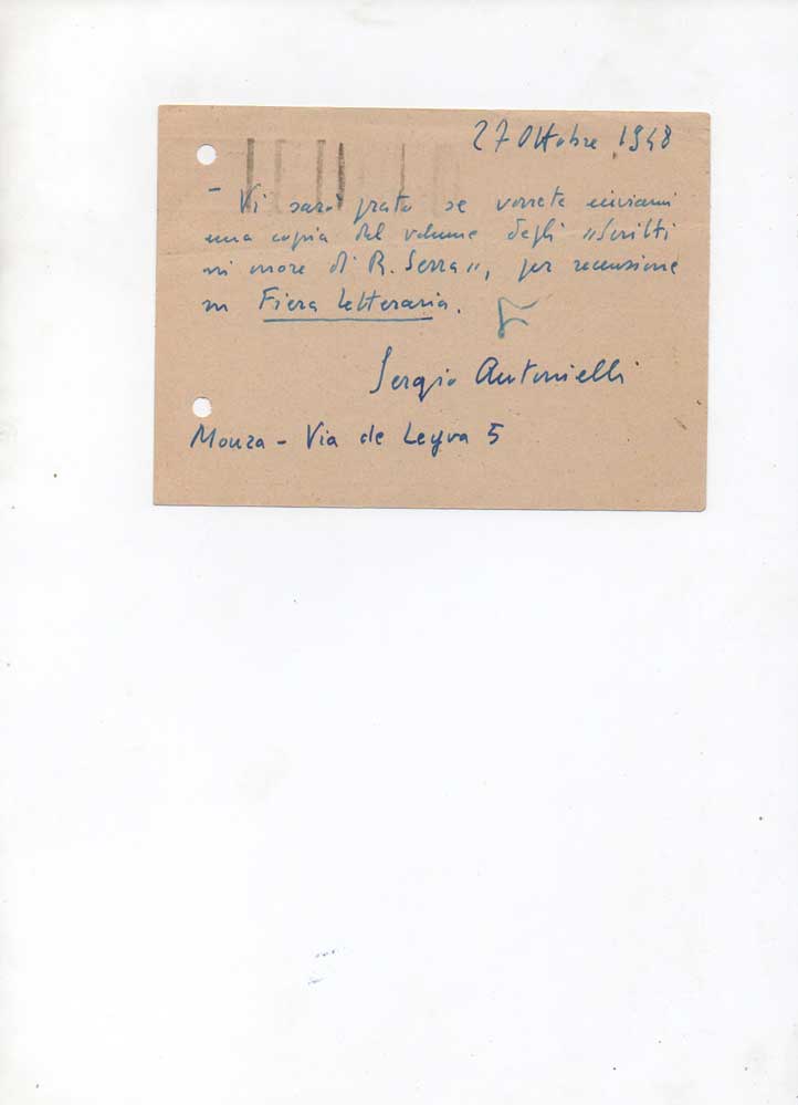 cartolina postale viaggiata, autografa firmata, datata 27 ottobre 1948 - monza, inviata a [roberto ortolani] - garzanti.