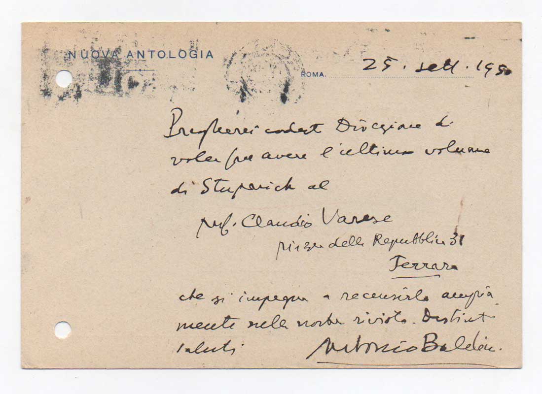 cartolina postale viaggiata, autografa firmata, datata 25 settembre 1950 - roma, inviata a [roberto ortolani] - garzanti.