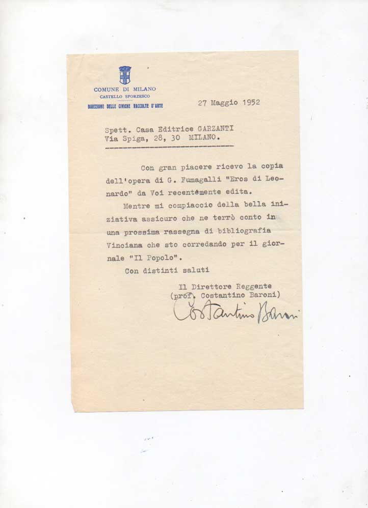 lettera dattiloscritta con firma autografa, datata 27 maggio 1952 - roma, inviata alla casa editrice garzanti.