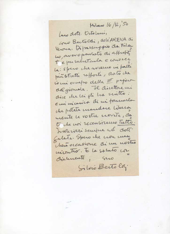 lettera autografa firmata, datata 16 dicembre 1950 - milano, inviata a roberto ortolani - garzanti