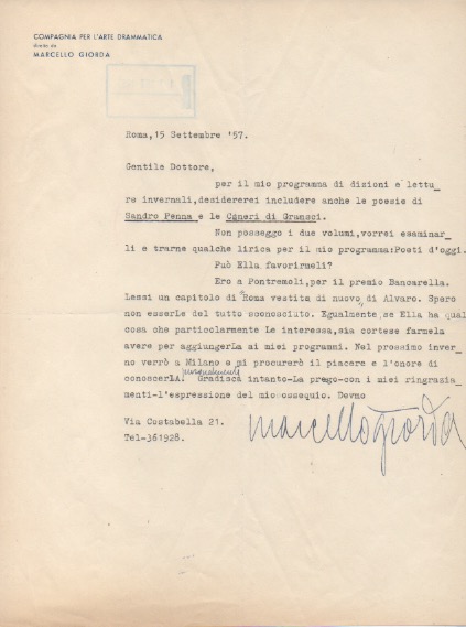lettera dattiloscritta con firma autografa, datata 15 settembre 1957 - roma, inviata a [roberto ortolani] - garzanti.