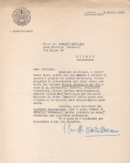 lettera dattiloscritta con firma autografa, datata 6 aprile 1959 - il vittoriale, inviata a roberto ortolani - garzanti.