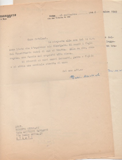 due lettere dattiloscritte con firma autografa, datate 18 settembre 1948 e 7 novembre 1949 - roma, inviate a roberto ortolani - garzanti