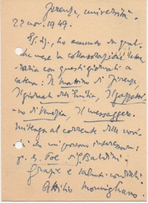 cartolina postale viaggiata, autografa firmata, datata 22 novembre 1949 - firenze, inviata ad aldo garzanti