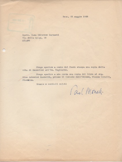 lettera dattiloscritta con firma autografa, datata 32 maggio 1950, inviata a [roberto ortolani] - garzanti.