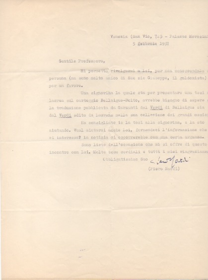 lettera dattiloscritta con firma autografa, datata 5 febbraio 1957 - venezia, inviata a [roberto ortolani] - garzanti.