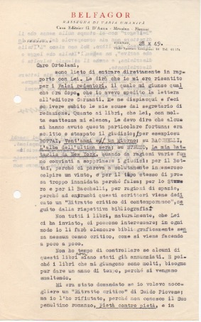 lettera dattiloscritta con firma autografa, datata 28 ottobre 1949 - firenze, inviata a roberto ortolani - garzanti