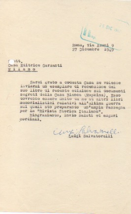 lettera dattiloscritta con firma autografa, datata 27 dicembre 1949 - roma, inviata alla casa editrice garzanti.