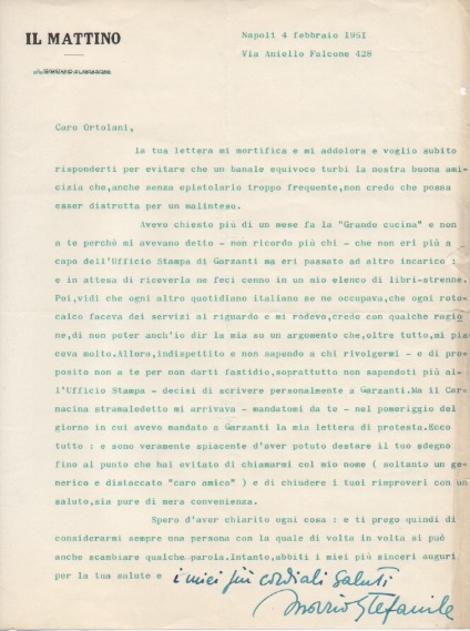 lettera dattiloscritta con nota e firma autografa, datata 4 febbraio 1961 - napoli, inviata a roberto ortolani - garzanti.