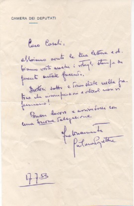 lettera autografa firmata, datata 17 luglio 1953, inviata ad agostino casali