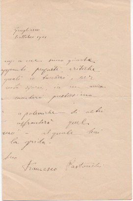 due lettere autografe firmate scritte sullo stesso foglio ripiegato, datate rispettivamente torino 1 ottobre 1901 e grugliasco 1 ottobre 1901, inviate al giornalista e geografo ottone brentari