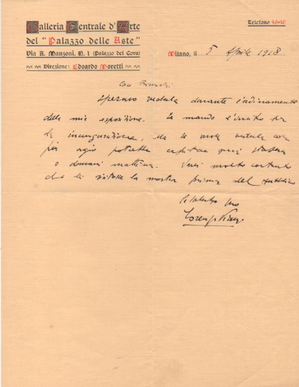 lettera autografa firmata inviata al sig. bianchi. datata 5 aprile 1918