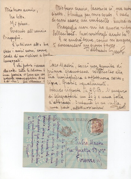 quattro cartoline viaggiate autografe firmate, datate aprile-maggio 1927, inviate al poeta pietro mastri (pseud. di pirro masetti)