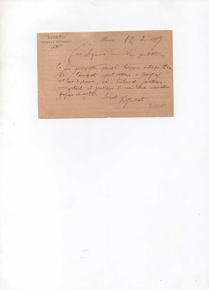 cartolina postale viaggiata, autografa firmata, inviata a benigno palmieri, roma. datata 12 marzo 1899